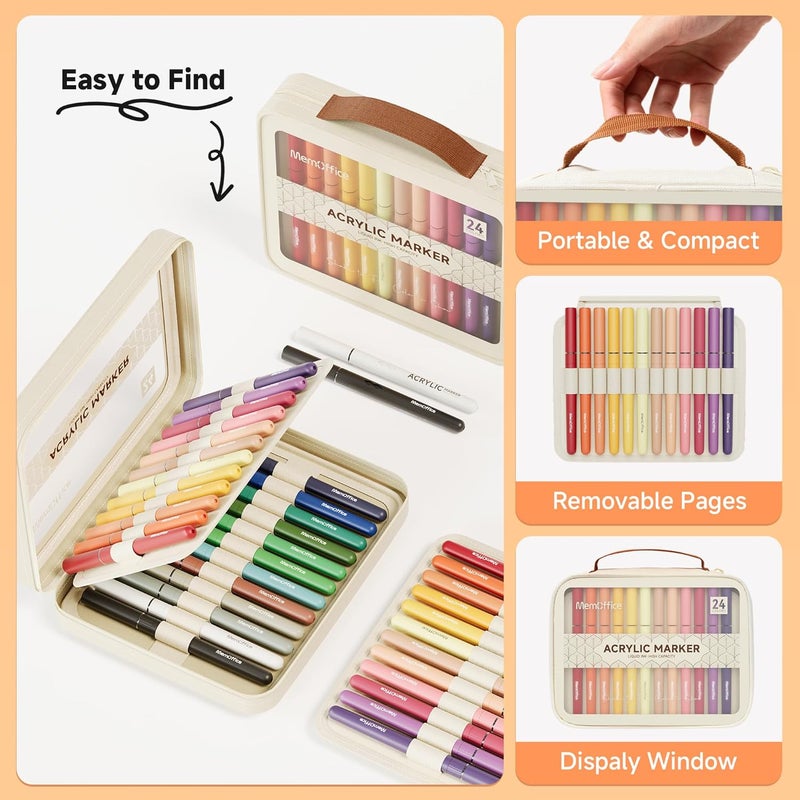 MemOffice Direct Liquid Acrylic Paint Markers, 24 Colors Brush Tip Pens with Carrying Case, No Bleed, Waterproof, for Rock, Wood, Canvas, Glass, Fabric, DIY Crafts for Adults - Image 4